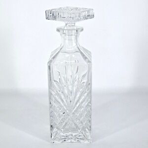 Cut Crystal Glass Whiskey Decanter Square Stopper 9.5" Heavy‎ Vintage Barware